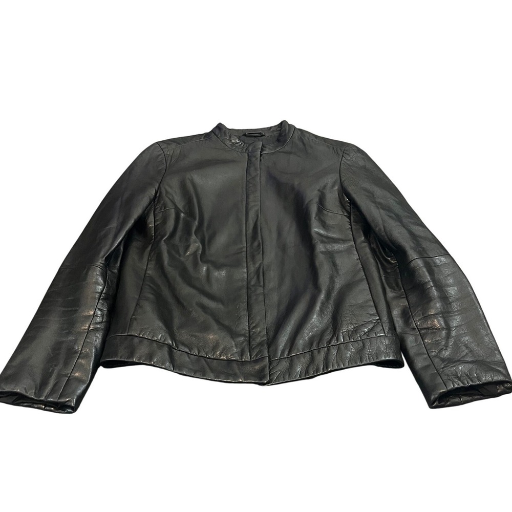 S Max Mara Leather Jacket Womens 4 Black Zip Up Mock Neck Genuine Leather